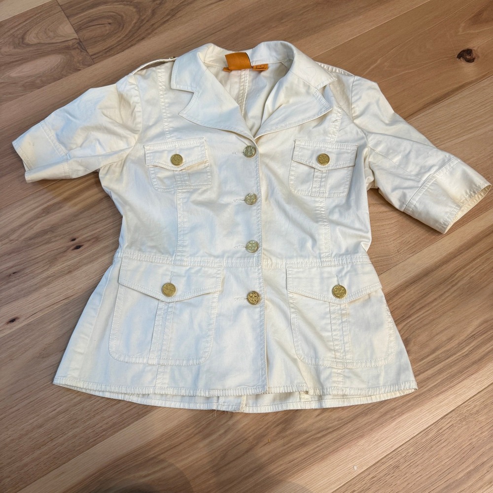 Tory Burch Safari Short Sleeve Jacket Women Size 6 White Gold Logo Button Cotton